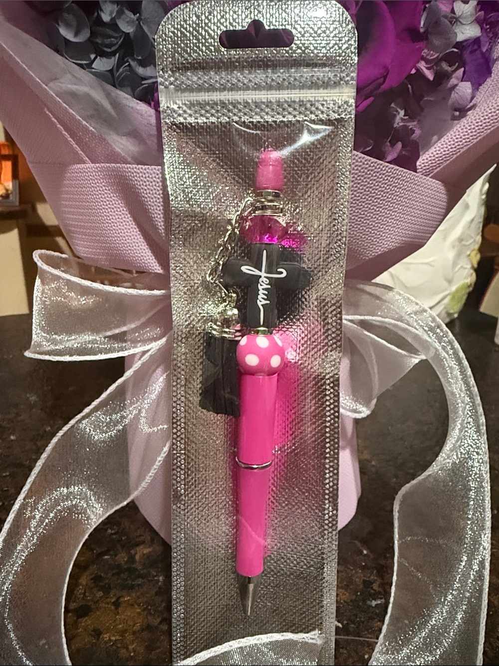 Pink Novelty Retractable Pen with Keychain